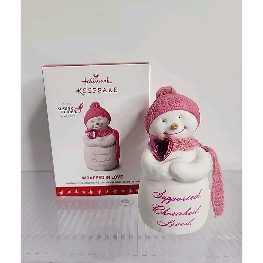 Hallmark Keepsake 2016 Wrapped In Love Snowman Ornament Susan G Komen Pink Heart
